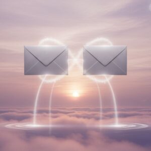 two silver envelopes floating in a silver coloured sky